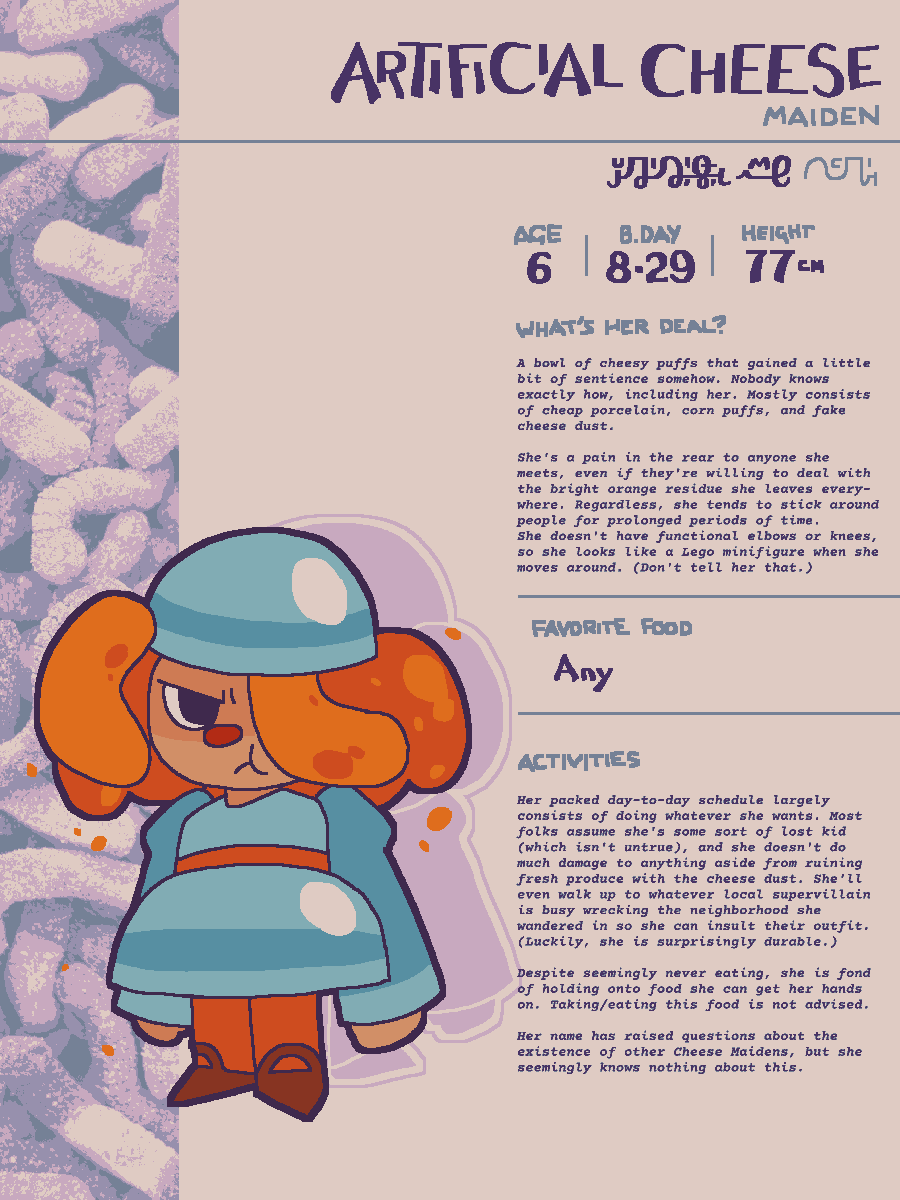 Artificial Cheese Maiden's main reference image, last updated in 2025.